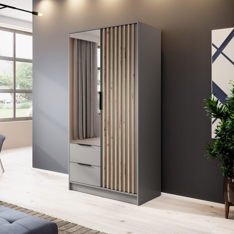 szafa ELY 2D szara  z lustrem we wnętrzu mieszkania