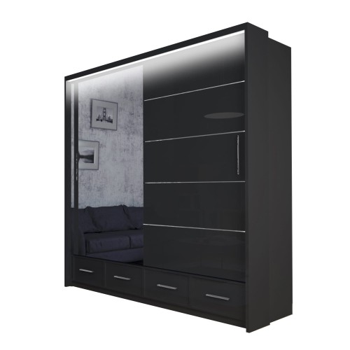 Szafa przesuwna Scilla z lustrem i szufladami 200 cm w kolorze czarnym na białym tle.jpg