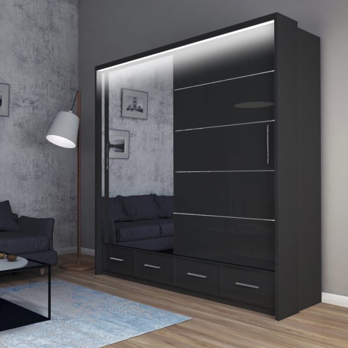 Szafa przesuwna z lustrem i szufladami Scilla 200 w kolorze czarnym aranżacja.jpg