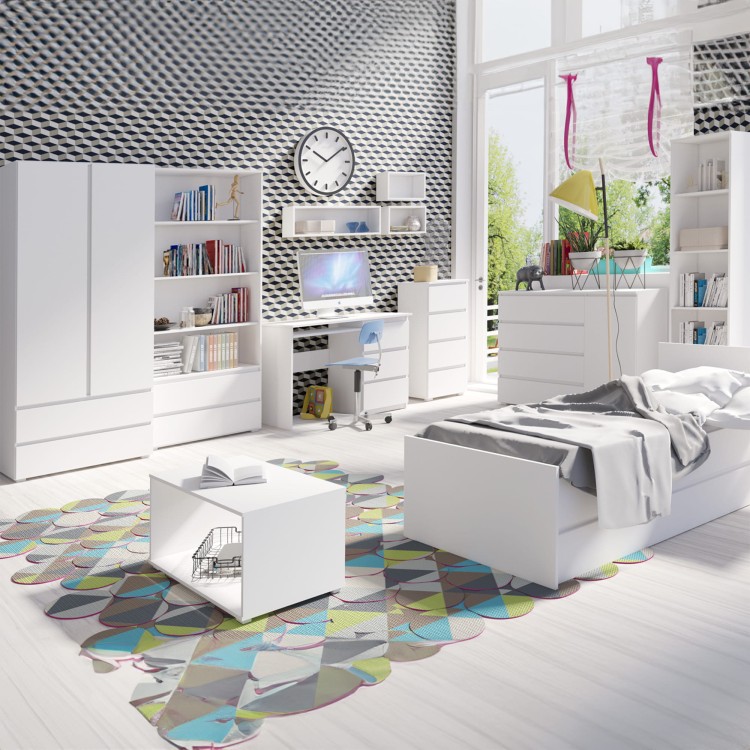 Pokój młodzieżowy COSMO biały – zestaw mebli z łóżkiem, biurkiem, regałem i komodami.jpg