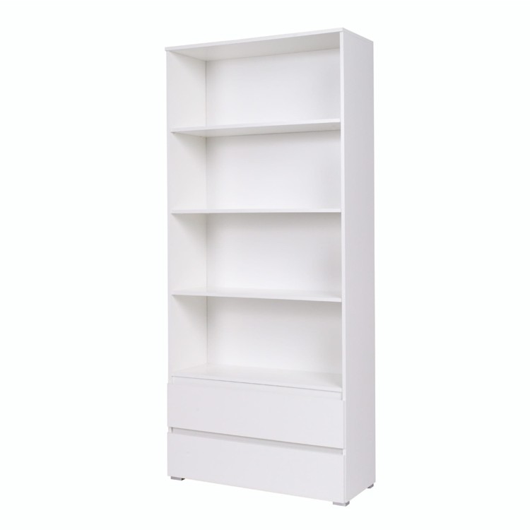 Regał COSMO 90 cm w kolorze białym – nowoczesny, wysoki mebel z czterema półkami i dwiema pojemnymi szufladami, idealny do salonu, biura lub pokoju młodzieżowego.jpg
