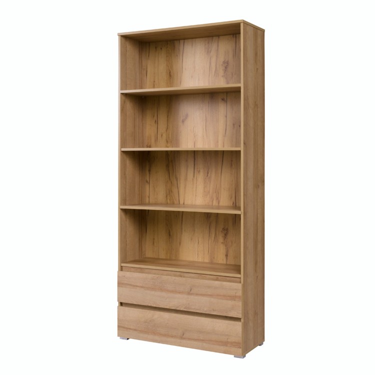 Regał COSMO 90 cm w kolorze dąb riviera, wysoki, nowoczesny mebel z czterema półkami i dwiema szufladami na dole.jpg