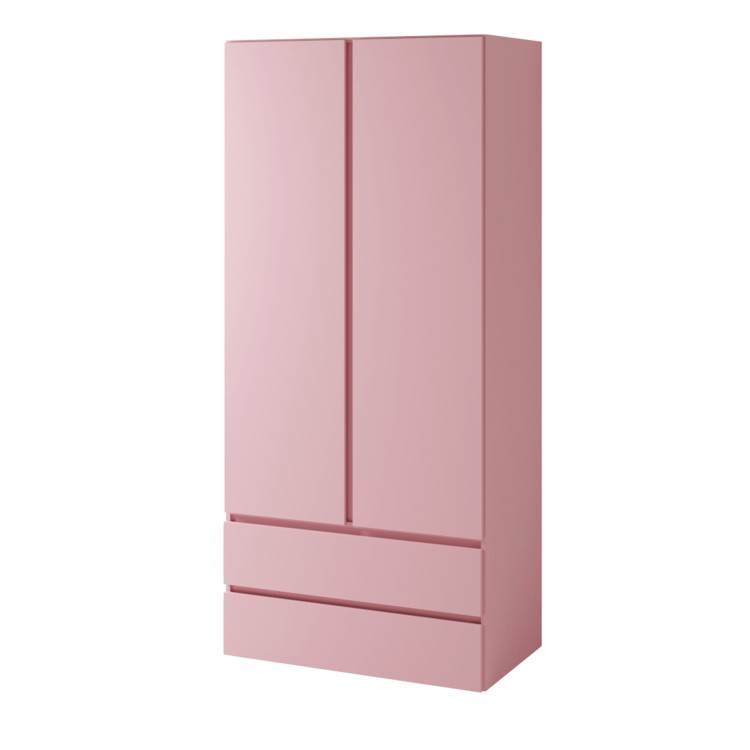 Szafa dwudrzwiowa COSMO 92 cm w kolorze różowym z dwiema pojemnymi szufladami. Nowoczesny, minimalistyczny design i funkcjonalne wnętrze do przechowywania ubrań.jpg