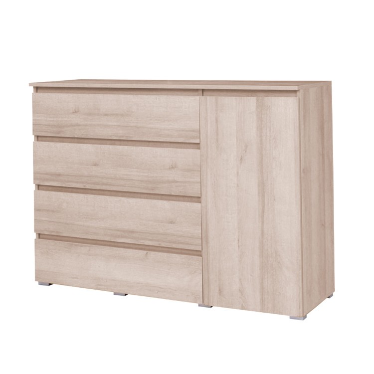 Komoda w kolorze dąb sonoma z czterema szufladami i boczną szafką, minimalistyczny i elegancki design.jpg