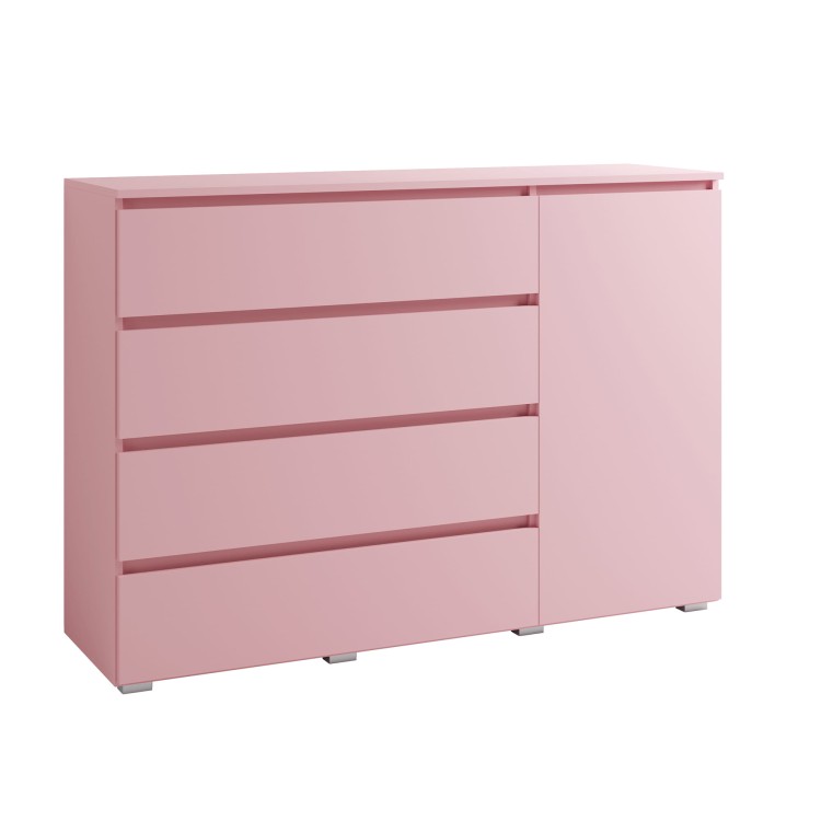 Różowa komoda z czterema szufladami i boczną szafką, nowoczesny minimalistyczny design.jpg