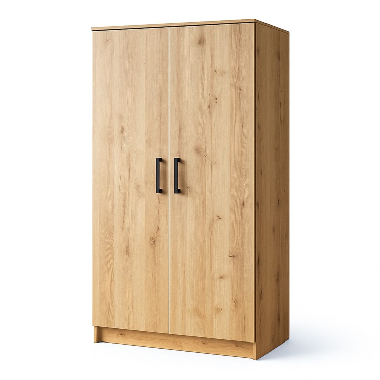Szafa uchylna REND 90 cm w dekorze dąb artisan – funkcjonalna szafa dwudrzwiowa o naturalnym wyglądzie drewna, z czarnymi uchwytami.