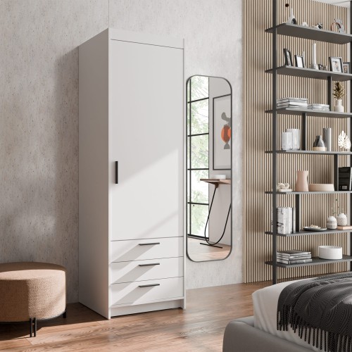 Biała szafa z trzema szufladami i czarnymi uchwytami w nowoczesnej sypialni – aranżacja wnętrza.