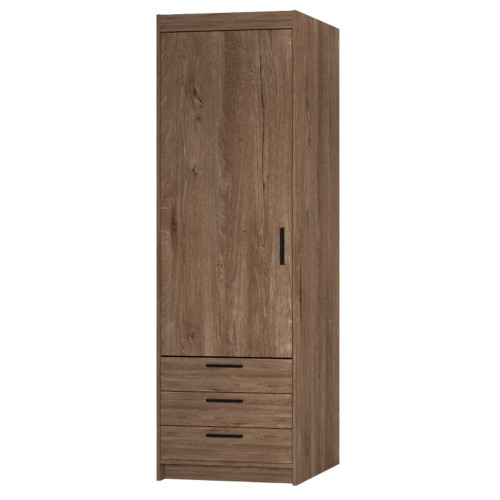 Wąska szafa jednodrzwiowa z trzema szufladami, dekor dąb lefkas, czarne uchwyty – widok frontalny.