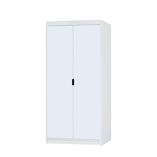 Zdjęcie produktowe: biała szafa przesuwna z dwoma lustrzanymi frontami, czarny uchwyt, minimalistyczna bryła.