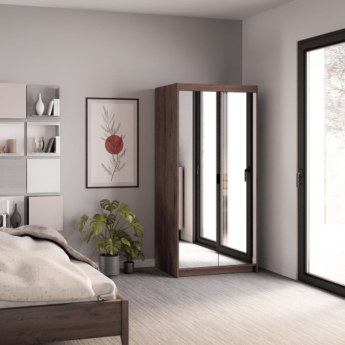 Modułowa szafa przesuwna dąb lefkas z dwoma lustrami i górną nadstawką; czarne uchwyty, eleganckie wnętrze.