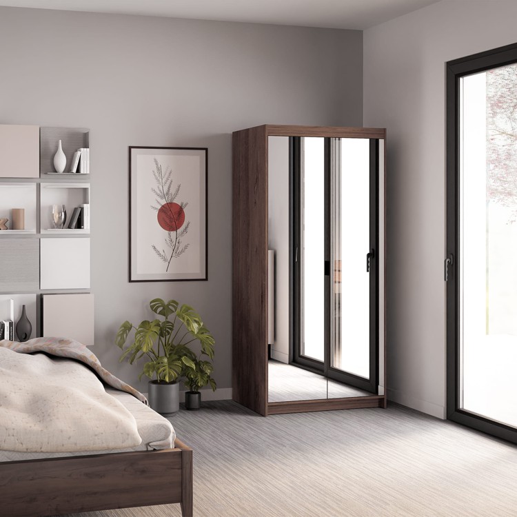 Modułowa szafa przesuwna dąb lefkas z dwoma lustrami i górną nadstawką; czarne uchwyty, eleganckie wnętrze.