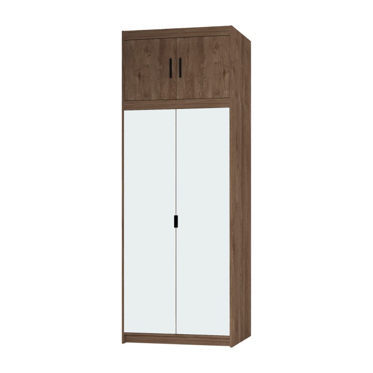 Packshot szafy przesuwnej dąb lefkas z dwoma lustrami i górną nadstawką; czarne uchwyty, prosta nowoczesna forma.