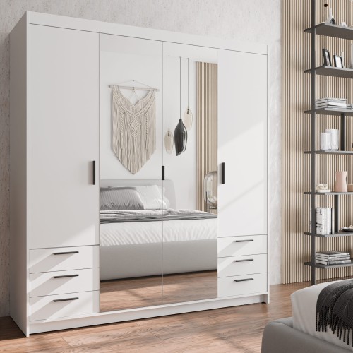 Biała szafa czterodrzwiowa z dwoma środkowymi lustrami i sześcioma szufladami; czarne uchwyty, nowoczesna aranżacja sypialni.