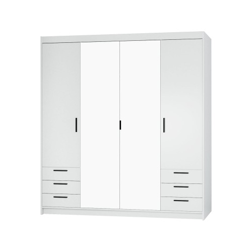 Biała szafa czterodrzwiowa bez nadstawki; dwa środkowe fronty lustrzane, po trzy szuflady z każdej strony, czarne uchwyty; zdjęcie produktowe.