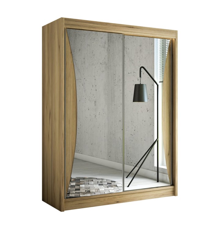 Szafa przesuwna z zaokrąglonym lustrem Town 200 cm w kolorze dąb craft złoty na białym tle.jpg