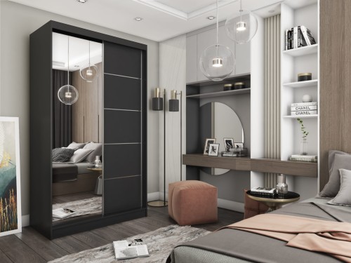 Czarna Szafa MARINA 150 z Lustrem i Dekoracyjnymi Szprosami aranżacja.jpg