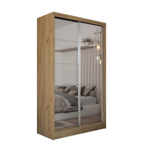 Szafa przesuwna ze szprosami i lustrem FLORA 150 w kolorze dąb artisan na białym tle.jpg
