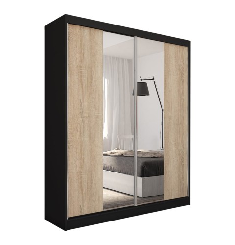 szafa LIZA czarna z frontem dąb sonoma i lustrem na białym tle.jpg