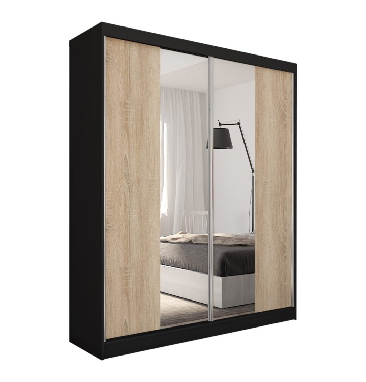 szafa LIZA czarna z frontem dąb sonoma i lustrem na białym tle.jpg