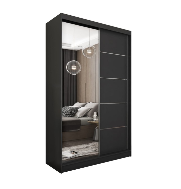 MARINA 150 - Czarna Szafa z Drzwiami Przesuwnymi i Lustrem na białym tle.jpg