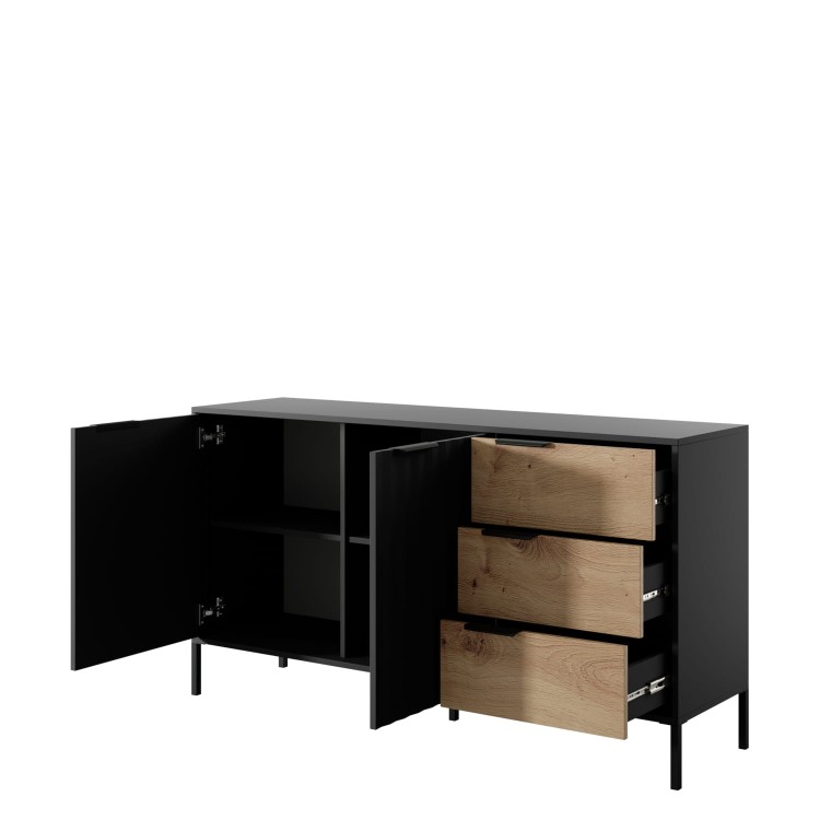 Komoda Mave na czarnym tle od boku otwarte szafki.jpg