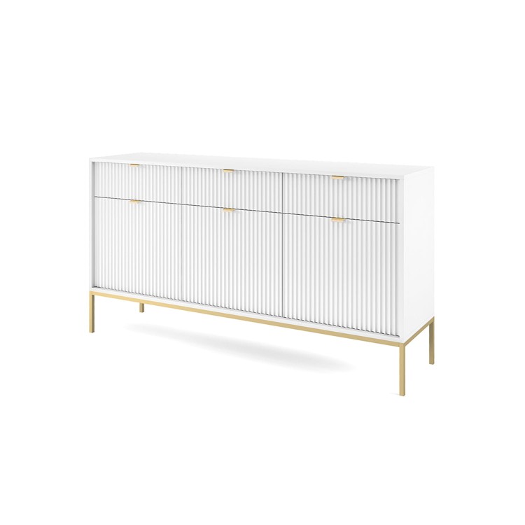 komoda z szufladami AVO w kolorze białym na złotym metalowym stelażu.jpg