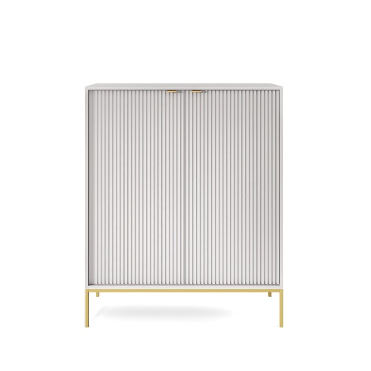 szara komoda wysoka z dwoma drzwiami AVO na złotym metalowym stelażu widok z przodu.jpg