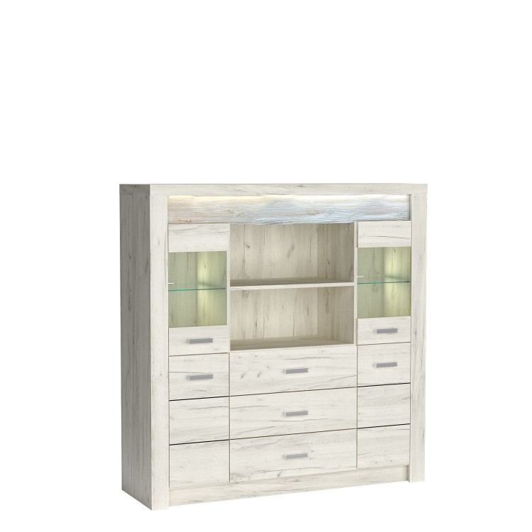 Komoda wysoka z szufladami INDIANA w kolorze kraft biały oswietlenie.jpg