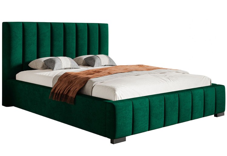 Łózko Bedi 10 z przeszywanym pionowo zagłówkiem w tkaninie Kronos 19 na białym tle