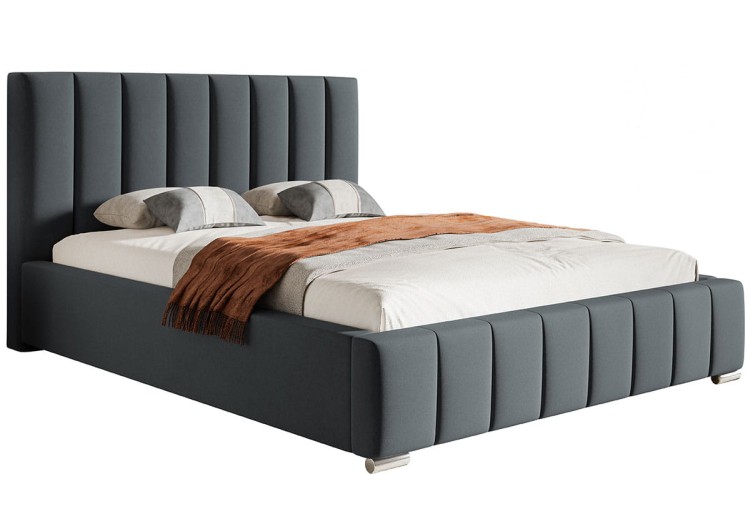 Łózko Bedi 10 z przeszywanym pionowo zagłówkiem w tkaninie Jasmine 96 na białym tle