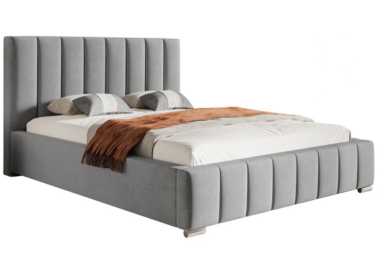 Łózko Bedi 10 z przeszywanym pionowo zagłówkiem w tkaninie Jasmine 90 na białym tle