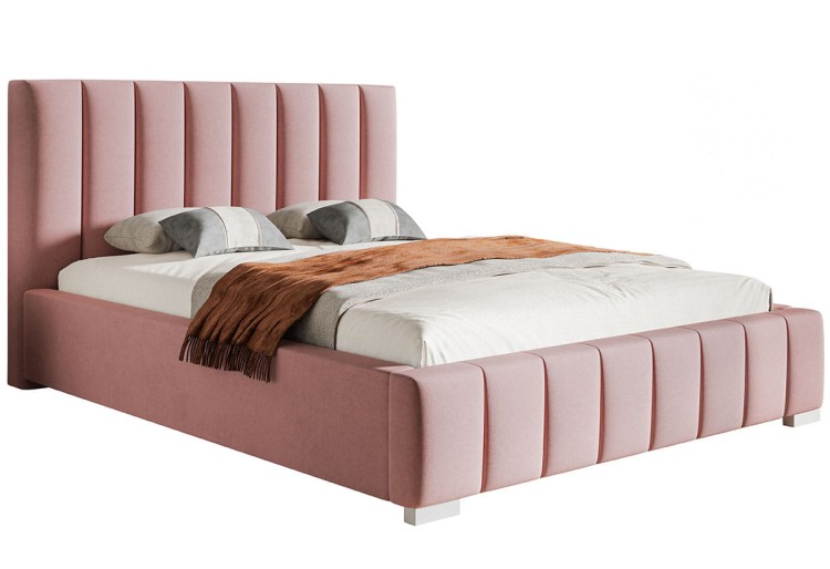 Łózko Bedi 10 z przeszywanym pionowo zagłówkiem w tkaninie Jasmine 61 na białym tle