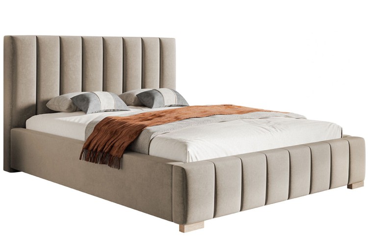 Łózko Bedi 10 z przeszywanym pionowo zagłówkiem w tkaninie Jasmine 24 na białym tle