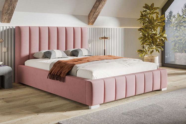 Łózko Bedi 10 z przeszywanym pionowo zagłówkiem w tkaninie Jasmine 61 w pomieszczeniu