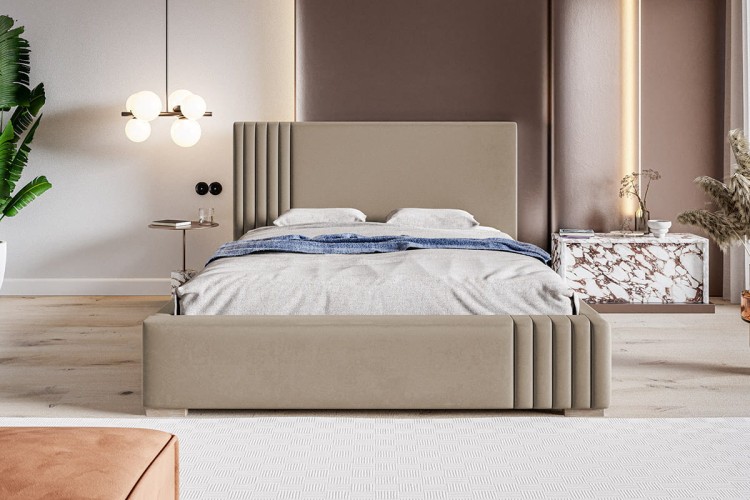 Łózko Bedi 13 z przeszywanym zagłówkiem po jednej stronie w tkaninie Jasmine 24 we wnętrzu mieszkania widok od przodu