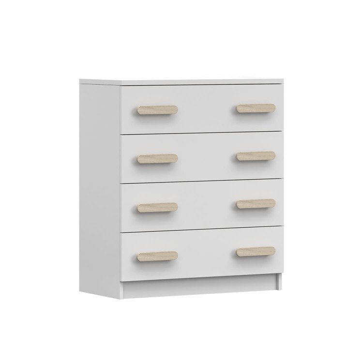 komoda z czterema szufladami ZUCH biała z drewnianymi uchwytami dąb sonoma.jpg