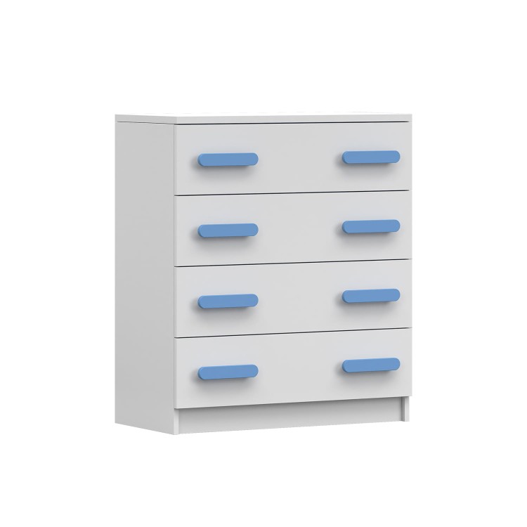 komoda z czterema szufladami ZUCH biała z niebieskimi drewnianymi uchwytami.jpg