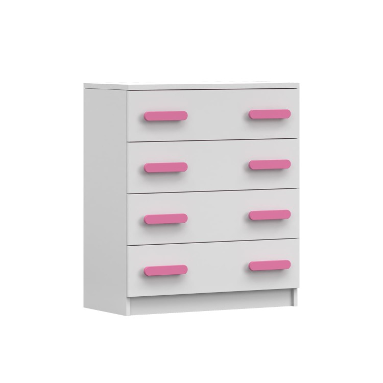 komoda z czterema szufladami ZUCH biała z różowymi drewnianymi uchwytami.jpg