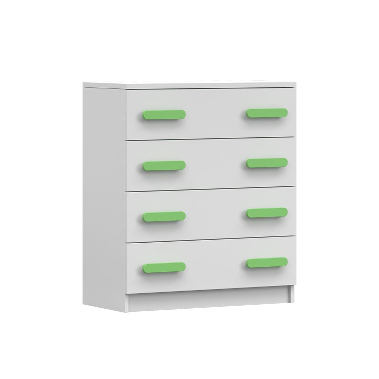 komoda z czterema szufladami ZUCH biała z zielonymi drewnianymi uchwytami.jpg