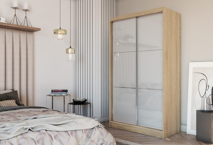 Szafa przesuwna ze szkłem Lacobel VIANA 120 cm w kolorze dąb sonoma aranżacja.jpg