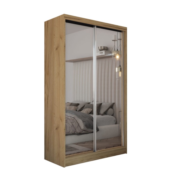 Szafa przesuwna z lustrem DERRO 150 w kolorze dąb artisan na białym tle.jpg