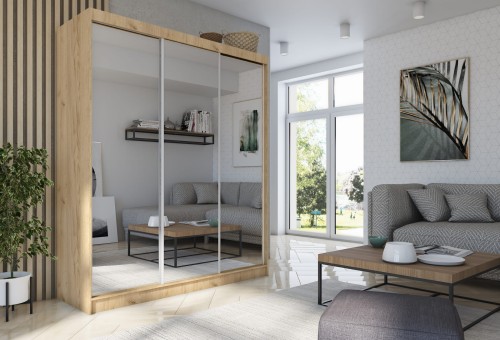 Szafa przesuwna z lustrem DERRO 180 w kolorze dąb sonoma aranżacja.jpg