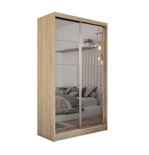 Szafa przesuwna ze szprosami i lustrem FLORA 150 w kolorze dąb sonoma na białym tle.jpg