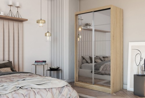 Szafa przesuwna ze szprosami i lustrem FLORA 150 w kolorze dąb sonoma aranżacja.jpg