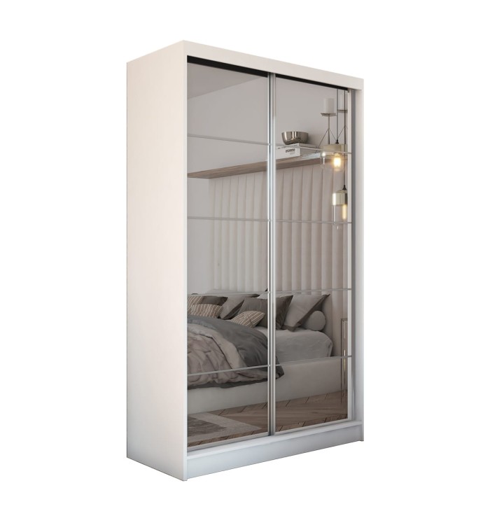 Szafa przesuwna ze szprosami i lustrem FLORA 150 w kolorze białym na białym tle.jpg