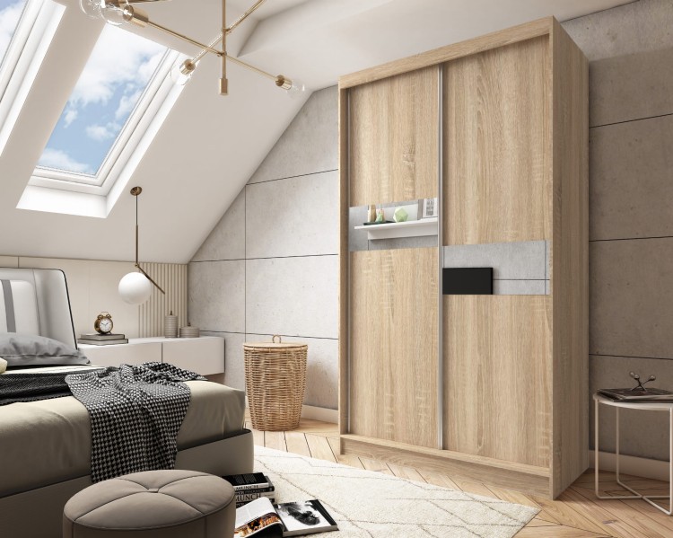 Szafa przesuwna ze szkłem Lavobel LAVINA 120 w kolorze dąb sonoma aranżacja.jpg