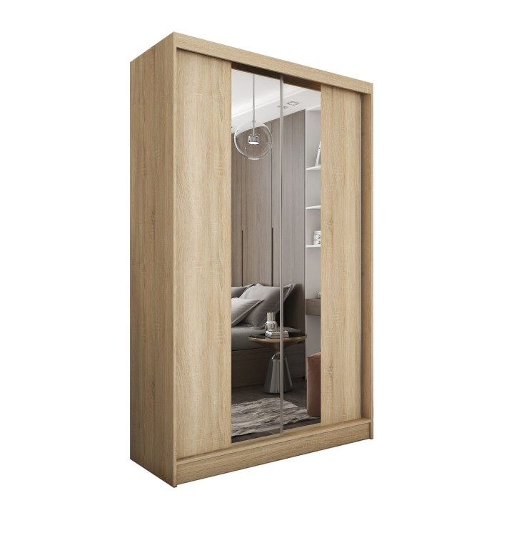 Szafa przesuwna z lustrem LIZA 120  w kolorze dąb sonoma na białym tle.jpg