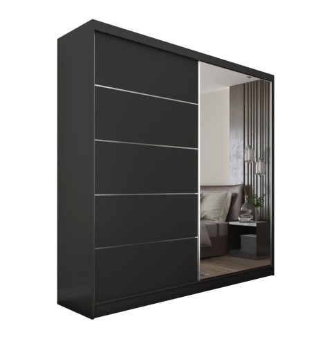 Szafa czarna z przesuwanymi drzwiami MARINA 200 z lustrem na białym tle.jpg