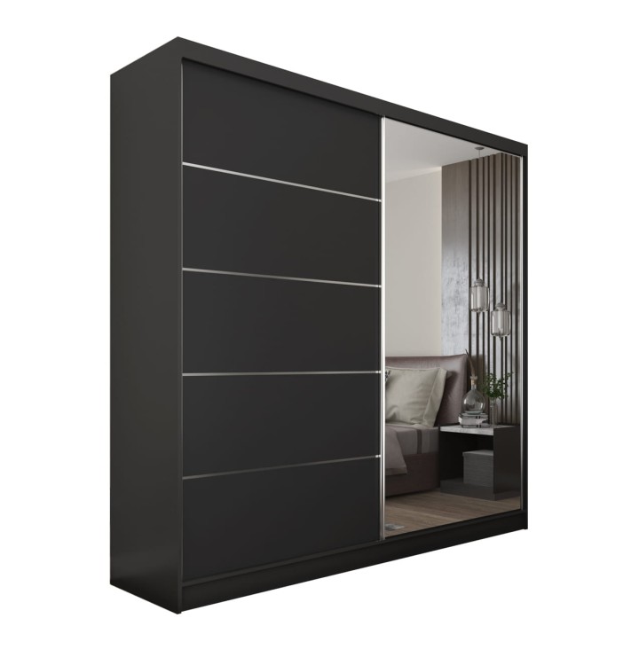 Szafa czarna z przesuwanymi drzwiami MARINA 200 z lustrem na białym tle.jpg