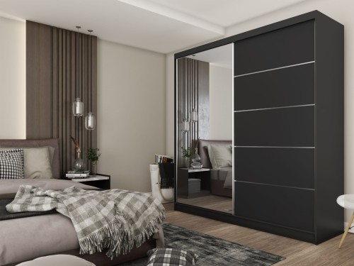 Czarna szafa MARINA 200 z lustrem i nowoczesnymi szprosami aranżacja.jpg